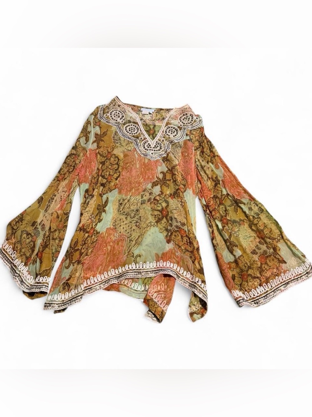 Beaded and sequin Orange and brown floral and paisley print blouse